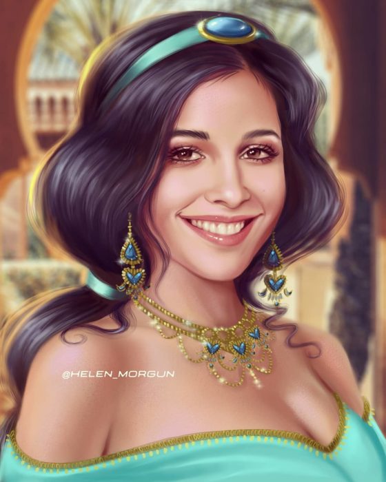 Ilustración de Naomi Scott como Jasmine, Aladdín