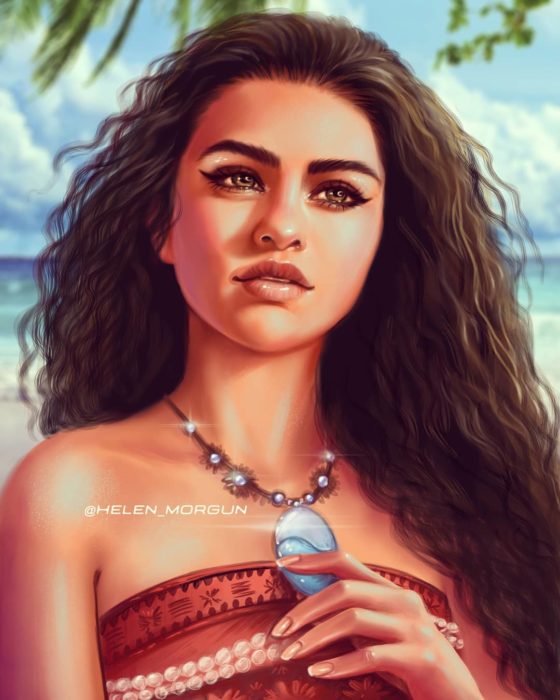 Ilustración de Selena Gomez como Moana, Disney princesas, Helen Morgun