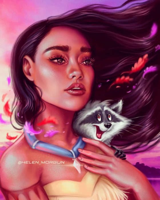 Ilustración de Leigh-Anne Pinnock como Pocahontas, Disney princesas, Helen Morgun