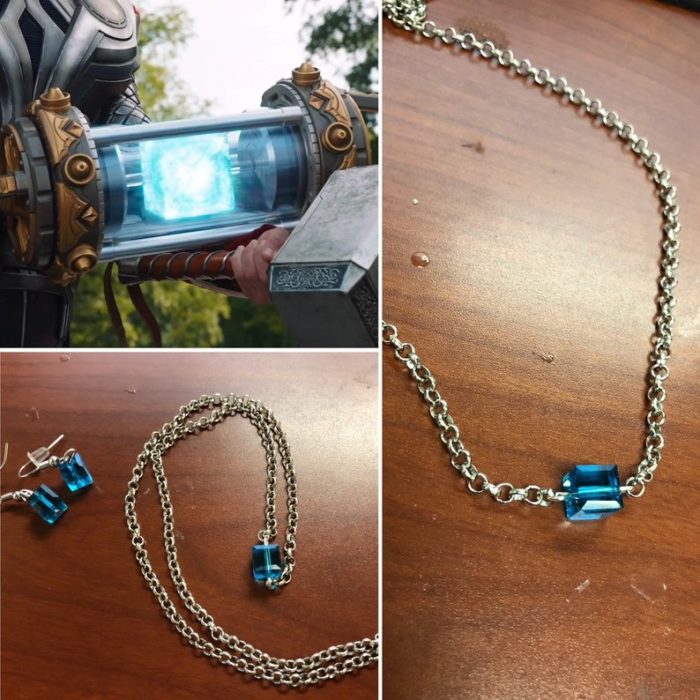 Juego de collar, pendientes y brazalete con piedra azul, joyería inspirada en Marvel