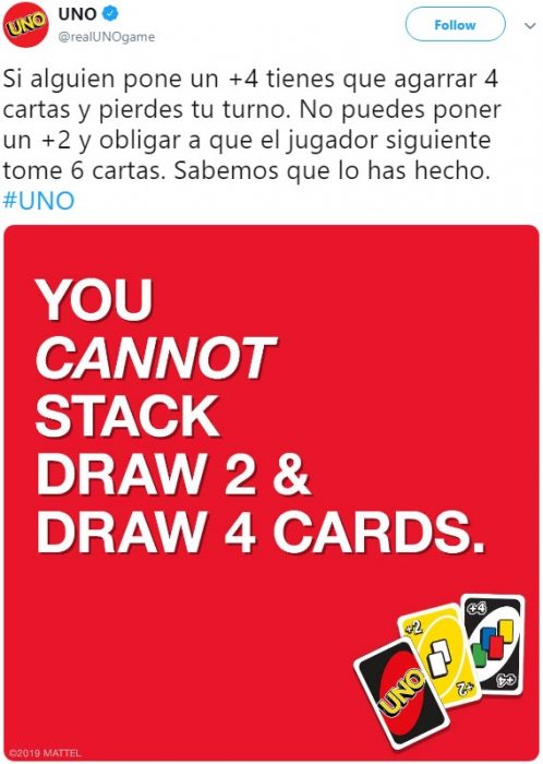 El juego de mesa UNO revela as reglas del juego: no se pueden acumular cartas, y usuarios de Twitter reaccionan con memes