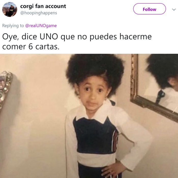 El juego de mesa UNO revela las reglas del juego: no se pueden acumular cartas, y usuarios de Twitter reaccionan; meme de Cardi B de niña, "dice mi mamá"