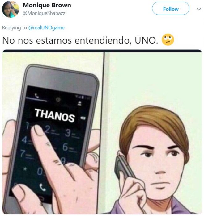 El juego de mesa UNO revela las reglas del juego: no se pueden acumular cartas, y usuarios de Twitter reaccionan; meme de mujer hablando por teléfono a Thanos de Avengers, Los Vengadores