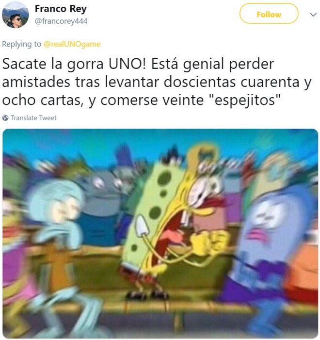 El juego de mesa UNO revela las reglas del juego: no se pueden acumular cartas, y usuarios de Twitter reaccionan; meme de Bob Esponja gritando