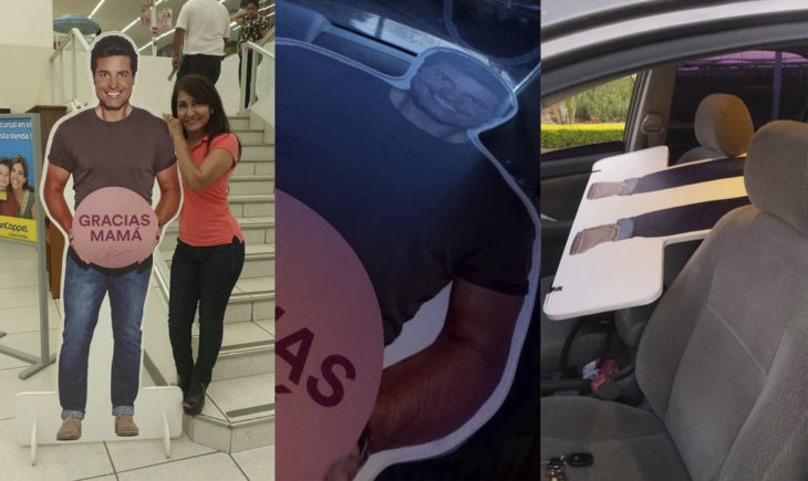 Mujer que se robó a un cartón de tamaño gigante con la figura de Chayanne 