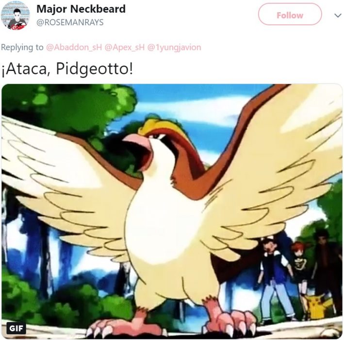 Niña entrena a su ave para atacar cuando ella grita; meme de Pidgeotto de Pokemón
