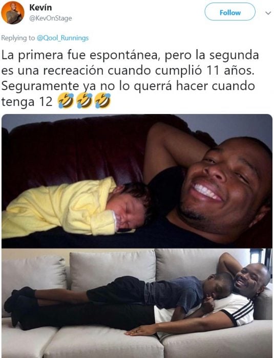 Papá recrea foto con su hijo recién nacido y a los 11 años dormido sobre él