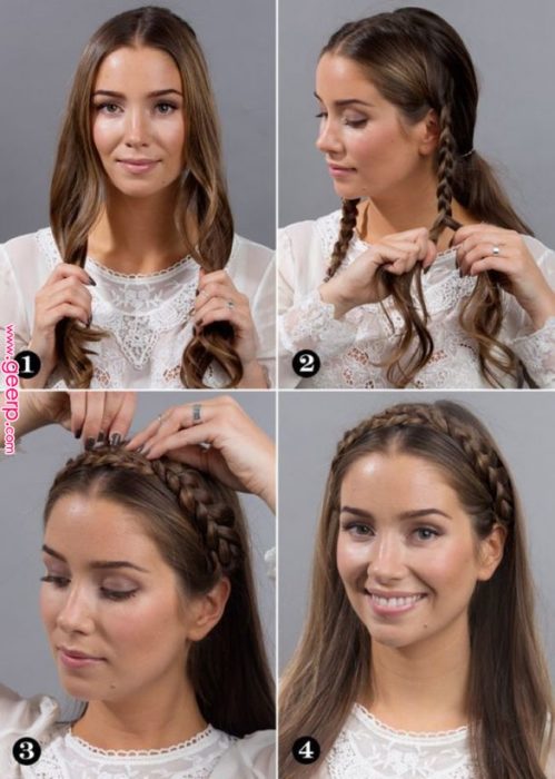 Chica haciendo un tutorial de cómo hacer una corona de trenzas al frente