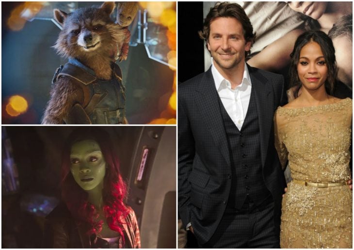 Zoe Saldana y Bradley Cooper tomados de las manos, posando para una fotografía, Gamora, Rocket Raccoon