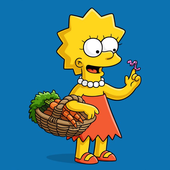 Lisa de la caricatura Los Simpson sosteniendo una canasta con zanahorias en una mano y a un pequeño gusano en su otra mano 