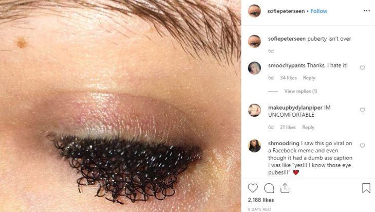 Imagen de Sofie Peterson en Instagram en la que comparte sus pestañas extrarizadas