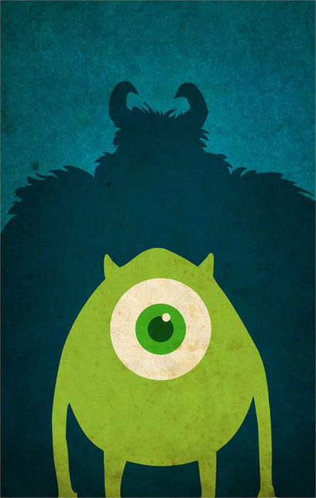 Poster minimalista de la película de Disney "Monsters Inc" Mike y Zully posando de frente