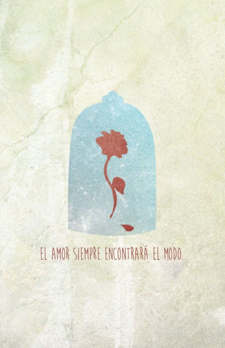 Poster con tonos minimalistas de la película clásica de Disney "La bella y la bestia". Flor dentro de una cápsula