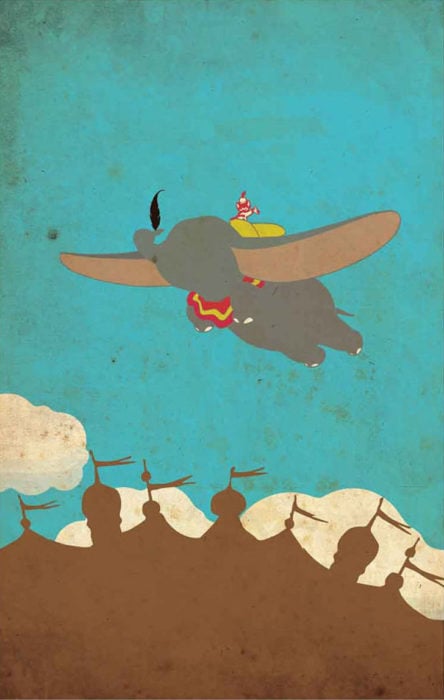 Poster con toques vintage de la película clásica de Disney "Dumbo". Personaje volando con sus orejas grandes