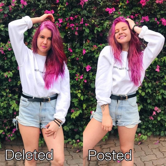 Bloguera Sara Putho, selfies comparativas entre la expectativa en Instagram y la realidad; chica de cabello largo y rosa, con hoodie blanco y short vintage, posando para fotografía