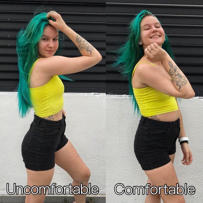 Bloguera Sara Putho, selfies comparativas entre la expectativa en Instagram y la realidad; chica de cabello largo y verde con top amarillo y chort negro, posando para fotografía y sonriendo