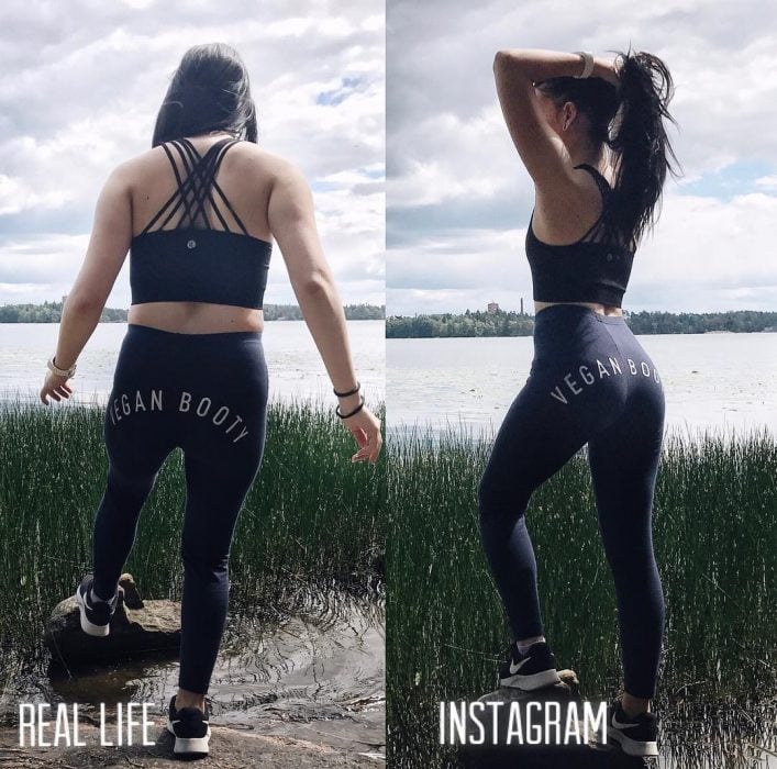 Bloguera Sara Putho, selfies comparativas entre la expectativa en Instagram y la realidad; chica tomándose foto frente a un lago al aire libre, con un pants y un top negros