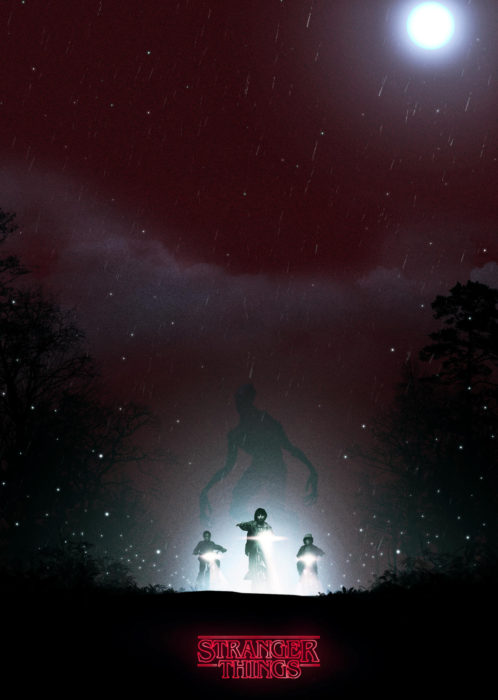 Wallpapers de serie Stranger things; fondo de pantalla para celular de Lucas, Mike, Dustin y el demogorgon