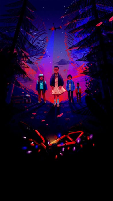 Wallpapers de serie Stranger things; fondo de pantalla para celular de Once, Dustin, Mike y Lucas en el bosque frente a una bicicleta con luces de Navidad