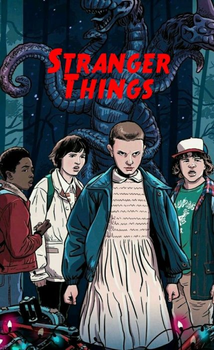 Wallpapers de serie Stranger things; fondo de pantalla para celular de debujo de Once, Mike, Dustin, Lucas y el demogorgon en bosque