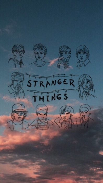 Fondo de pantalla de serie Stranger things; fondo de pantalla para celular de dibujo de Once, Dustin, Mike, Lucas, Will, Nancy, Steve, Jonathan, Joyce, Hopper y Bárbara