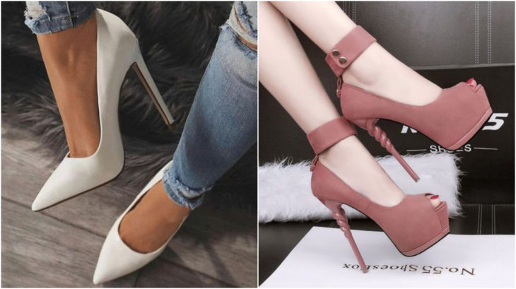 Zapatos en tono blanco y rosa pastel con tacones de más de 12 centímetros de altos modelados por una mujer