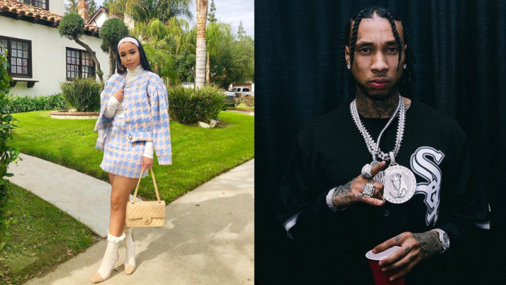 Lado izquierdo: Jordan Craig posando con un traje Chanel, bolsa y botas afuera de su casa. Lado izquierdo: Rapero Tyga posando para una sesión de fotos 