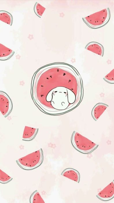 fondo de pantalla para celular estilo kawaii con un conejo orejón y trozos de sandia 