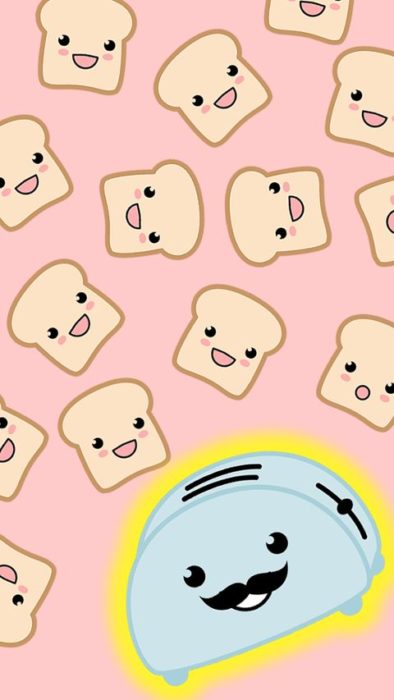 fondo de pantalla para celular estilo kawaii con rebanadas de pan tostado y una tostadora azul con mostacho