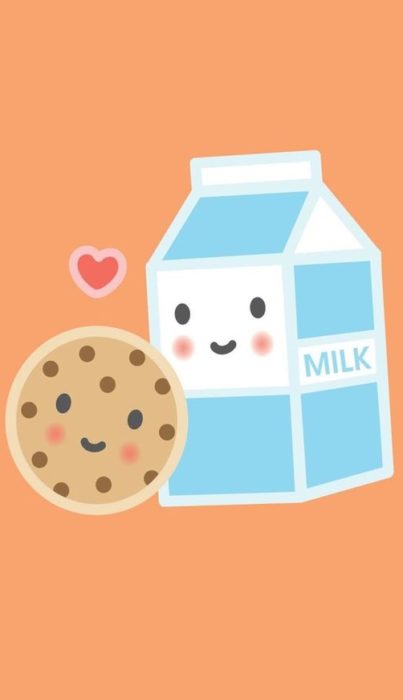 fondo de pantalla para celular estilo kawaii con una caja de leche y una galleta de chispas de chocolate