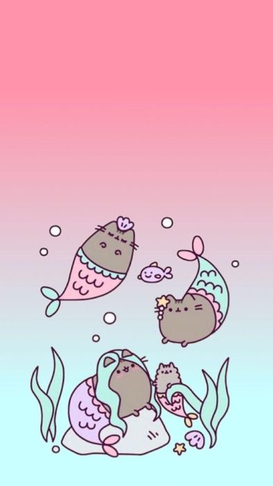 fondo de pantalla para celular estilo kawaii con gato sirena bajo del mar 