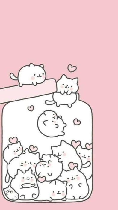 fondo de pantalla para celular estilo kawaii con un frasco de gatos abierto