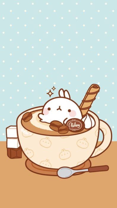 fondo de pantalla para celular estilo kawaii con un conejo dentro de una taza de chocolate caliente