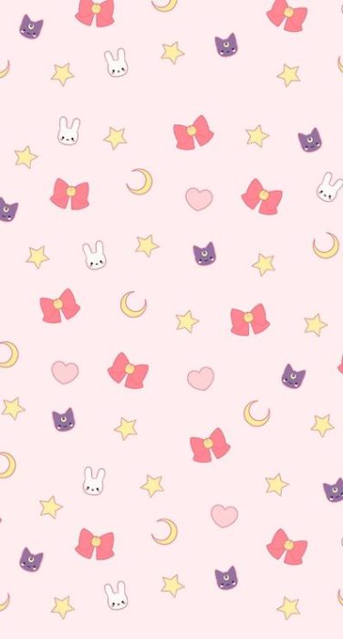 Fondo de pantalla para celular inspirado en Sailor Moon con moños rojos, medias lunas, conejos y gatos