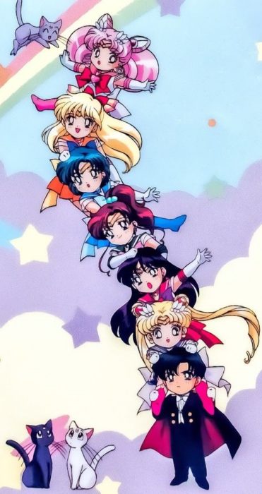 Fondo de pantalla para celular inspirado en Sailor Moon con todas las Sailor Scouts y Darien en su versión chibi