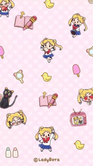 Fondo de pantalla para celular inspirado en Sailor Moon con Serena, Luna y figuras animadas en versión chibi