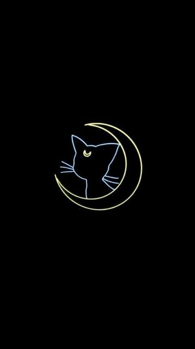 Fondo de pantalla para celular inspirado en Sailor Moon con la silueta de una media luna y un gato con una estrella