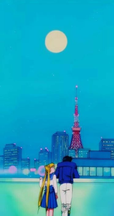 Fondo de pantalla para celular inspirado en Sailor Moon con Serena y Darien mirando el mar 