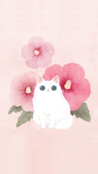 Fondo de pantalla para celular con el dibujo de un gato y flores de loto en acuarela 