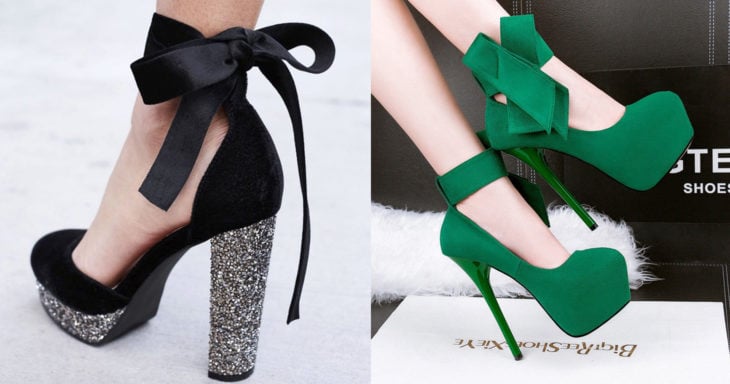 A la izquierda: zapatos de plataforma en color negro con tacón de glitter. A la derecha zapatos de plataforma en color verde con un moño en el tobillo 