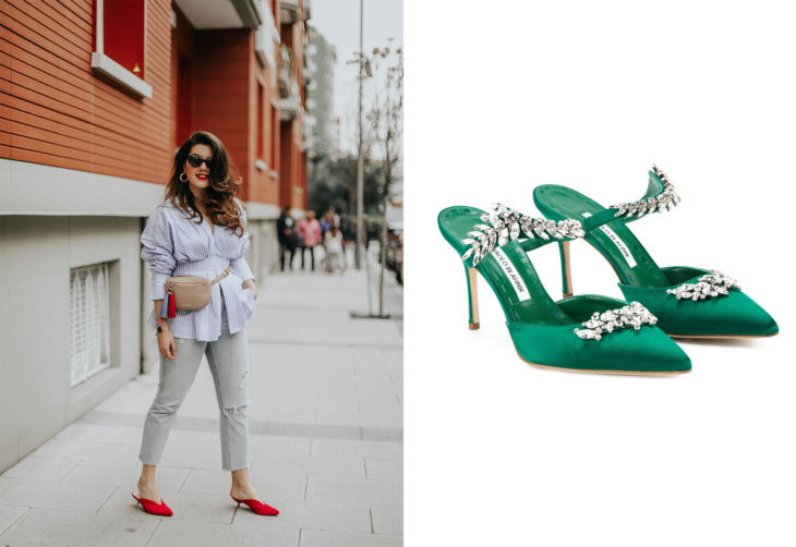 Chica usando unos zapatos mules de tacón bajo y otros zapatos de color verde de manolo blanik en color verde con aplicaciones de pedrería 