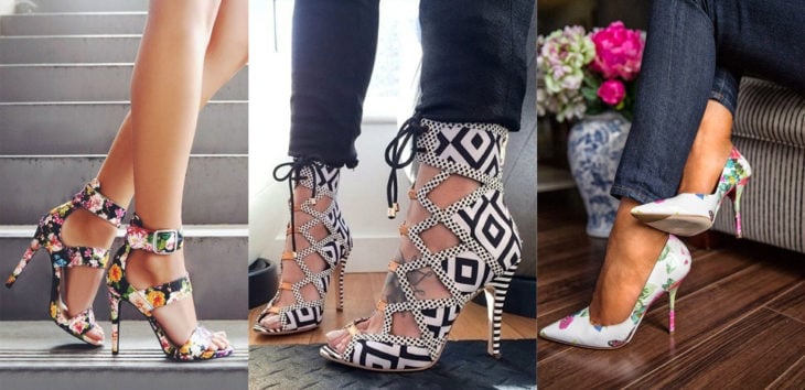 Diferentes estilos de zapatos estampados con flores o aztec print 