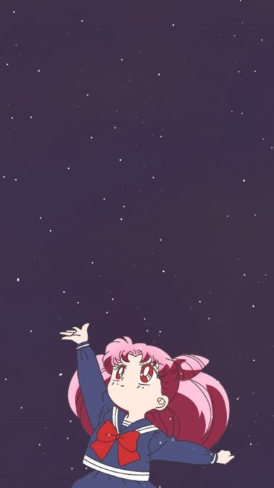 Fondo de pantalla para celular inspirado en Sailor Moon con Serena en plena transformación a Sailor Moon con una pequeña de cabello rosado estirando sus manos para alcanzas las estrellas