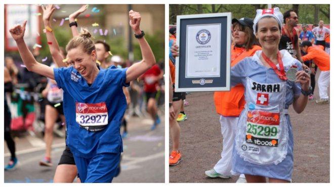 Jessica Anderson corriendo en la maraton más rapido con el uniforme de enfermera