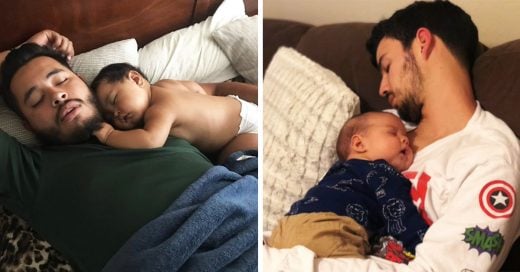 Padres comparten tiernas fotos de sus bebés dormidos sobre ellos