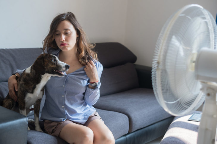 Perro y mujer joven frente a un ventilador