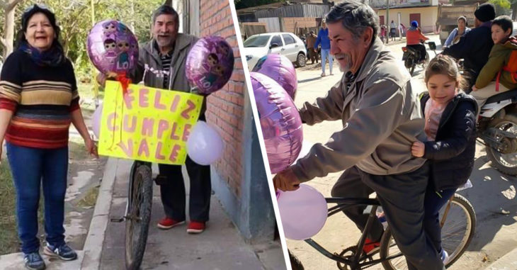 Abuelo decoró su bicicleta para recoger a su nieta en su cumpleaños