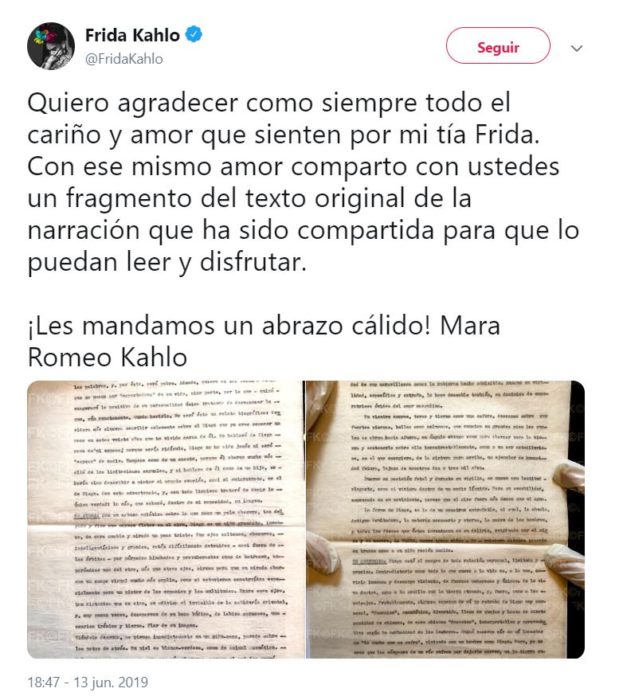 En un twitt la sobrina de Frida Kahlo compartió el guion original que se leyó en el programa grabado en que suponían era la voz de su tía