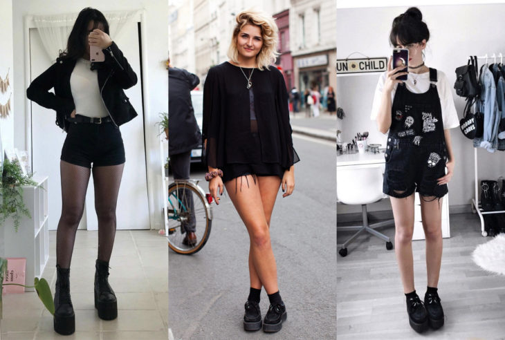 Mujeres usando creepers, zapatos de suela alta, con shorts