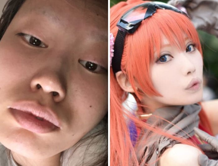 Chica de rasgos asiáticos tomando una selfie, antes y después de tomar una selfie